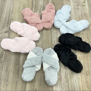 New! Plush Fluff Faux Fur Criss Cross Band  open toe Slide Bunny Slippers